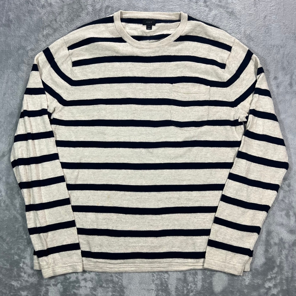 J.Crew Striped Long Sleeve Crew Neck Sweatshirt Men Large Cream Navy Blue Preppy